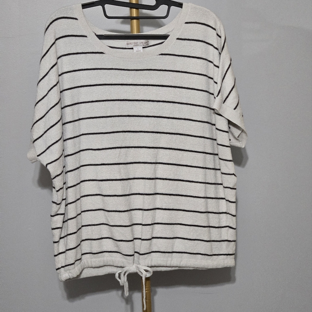 Barefoot Dreams Cream and Black Striped Short Sleeve Drawstring Top